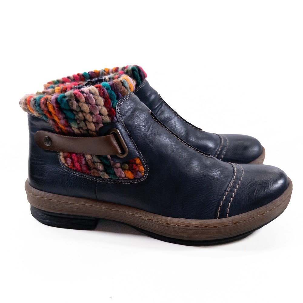 Rieker Felicitas Ankle Boots Womens 40 8.5 Navy Blue Vegan Leather Zip Yarn Trim